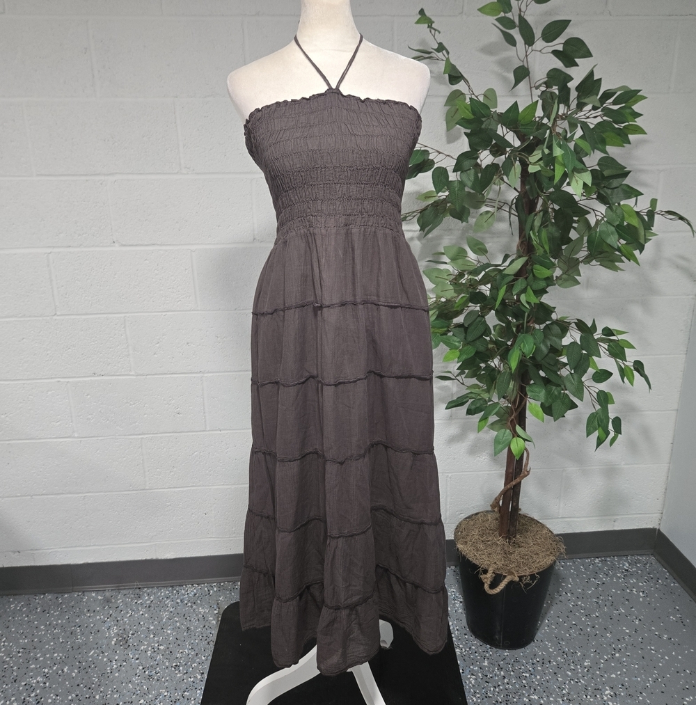 Athleta Cotton Halter Smocked Tiered Midi Boho Dress Brown Small Romantic Whimsy